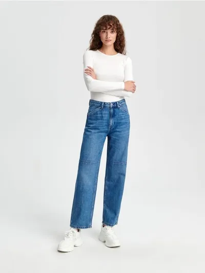 Sinsay Spodnie jeansowe z ozdobnymi przeszyciami, uszyte w 100% z bawełny. - niebieski