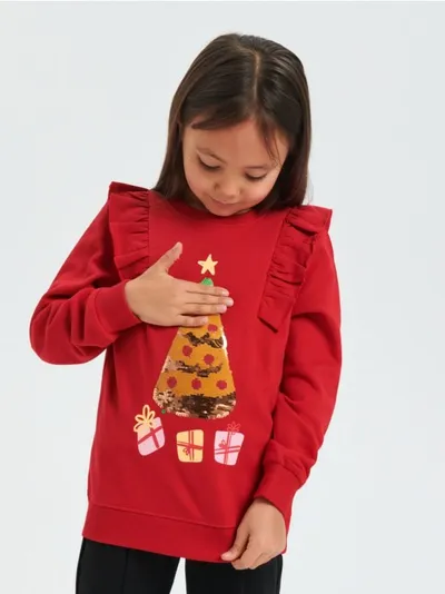 Sinsay Wygodna, bawełniana bluza ze świątecznym nadrukiem z przodu. - czerwony