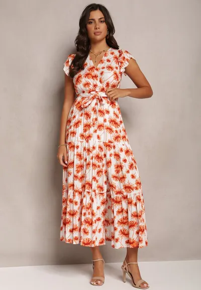 Renee Pomarańczowa Rozkloszowana Sukienka Maxi w Kwiatowy Print z Gumką w Pasie Javiky