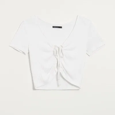House Bawełniana bluzka z wiązaniem przy dekolcie biała - Biały