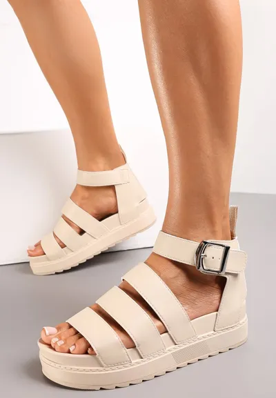 Renee Beżowe Sandały Rzymianki z Szeroką Sprzączką i Platformą Gisse