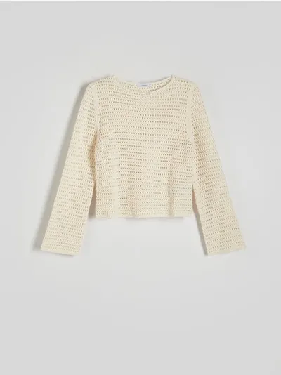 Reserved Sweter o pudełkowym fasonie, wykonany z bawełnianej dzianiny. - kremowy