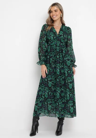 Born2be Zielono-Czarna Maxi Sukienka z Kopertowym Dekoltem w Modny Print Ceconna