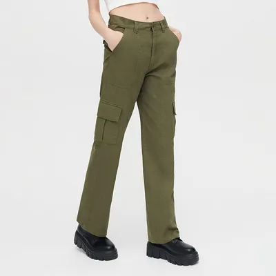 House Spodnie straight fit z kieszeniami cargo khaki - Khaki