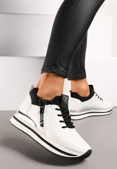 Renee Biało-Czarne Sznurowane Sneakersy na Niskiej Platformie z Ozdobnym Suwakiem Alirapa