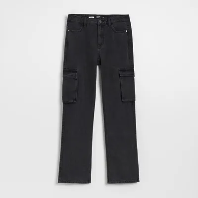 House Grafitowe jeansy straight fit z kieszeniami cargo - Szary