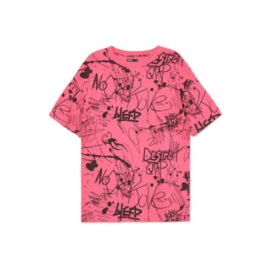 Cropp Różowy T-shirt oversize z nadrukiem