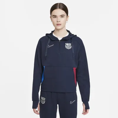 Nike Damska dzianinowa bluza piłkarska z kapturem i zamkiem 1/4 FC Barcelona - Niebieski