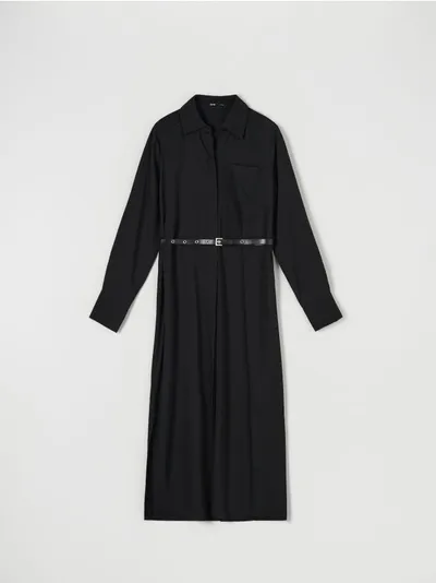 Sinsay Koszulowa sukienka z dekoracyjnym paskiem uszyta z odpornego na blaknięcie materiału. - czarny