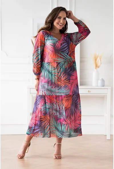XL-ka Fioletowa sukienka z siateczki w kolorowe liście - Sintia