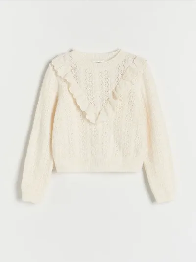 Reserved Sweter o prostym kroju, wykonany z ażurowej dzianiny. - złamana biel