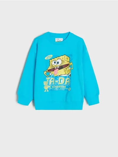 Sinsay Wygodna, bawełniana bluza z nadrukiem SpongeBoba. - niebieski