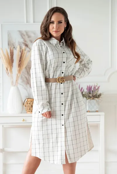 XL-ka Biało-czarna lniana sukienka koszulowa w kratkę - Graciana