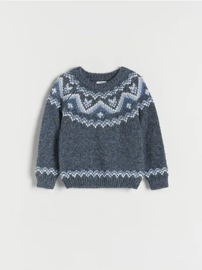 Reserved Sweter o klasycznym kroju, wykonany ze strukturalnej dzianiny z bawełną. - granatowy
