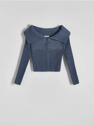 Reserved Sweter o dopasowanym fasonie, wykonany z bawełnianej dzianiny. - granatowy