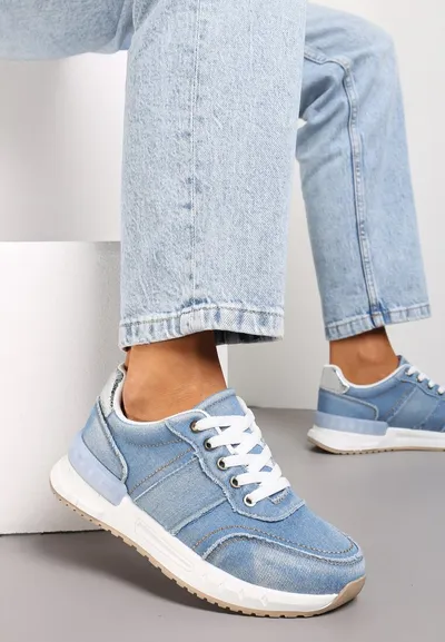 Renee Niebieskie Sznurowane Sneakersy z Jeansowymi Wstawkami Greha
