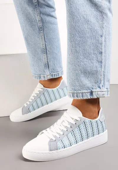 Renee Biało-Niebieskie Sznurowane Sneakersy z Materiałową Wstawką i Okrągłym Noskiem Bowlie