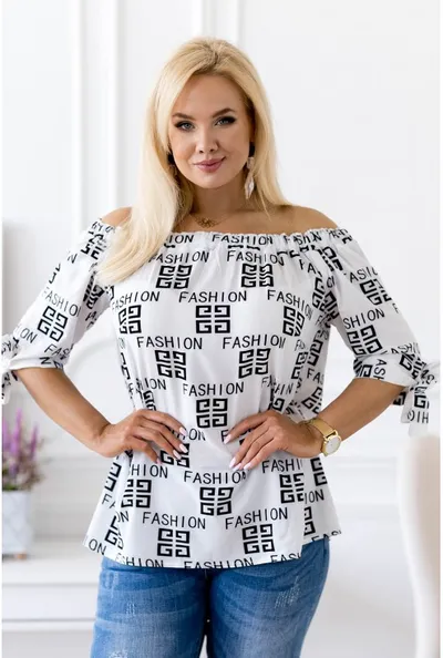 XL-ka Biała bluzka hiszpanka w czarne napisy fashion -  NINA