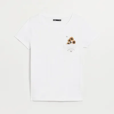 House Luźna koszulka z nadrukiem i kieszonką biała - Biały