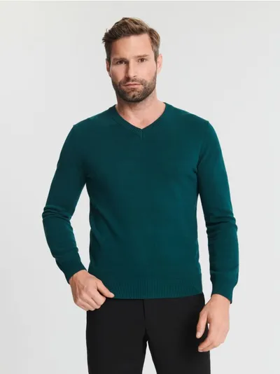Sinsay Bawełniany sweter o regularnym kroju z dekoltem w serek. - zielony