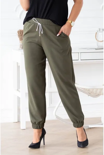 XL-ka Eleganckie spodnie w kolorze khaki ze ściągaczami - VIVIANE