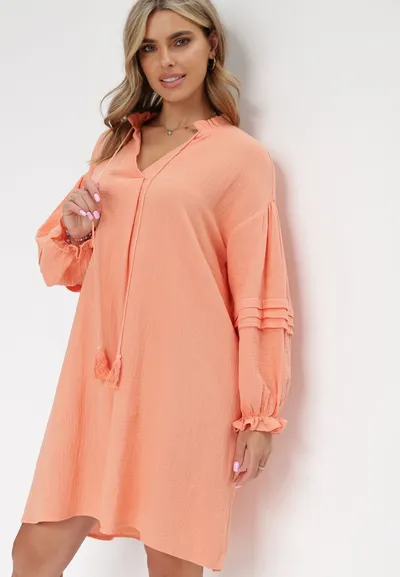 Born2be Pomarańczowa Bawełniana Sukienka Mini z Ozdobnym Wiązaniem i Przeszyciami na Rękawach Anla