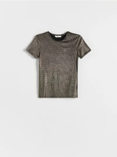 Reserved T-shirt o regularnym fasonie, wykonany z elastycznej dzianiny z metalicznym wykończeniem. - czarny