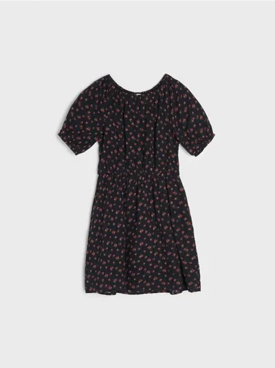Sinsay - Sukienka - czarny - długość midi,okrągły dekolt,krótkie rękawy z bufkami,gumka w pasie,wzór w kwiaty,100% bawełna - czarny