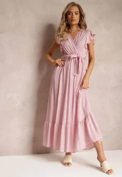 Renee Różowa Rozkloszowana Sukienka Maxi z Gumką w Talii Lavla