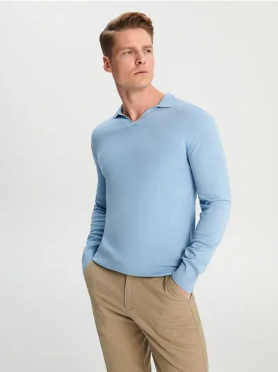 Sinsay Elegancki sweter z dekoltem w serek wykończony kołnierzykiem. - błękitny