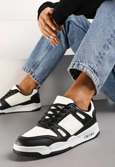 Renee Biało-Czarne Sznurowane Sneakersy z Licznymi Wstawkami z Ekoskóry Gwendias