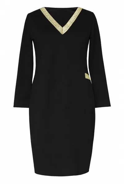 XL-ka Czarna sukienka dresowa ze złotym dekoltem V - MADELINE