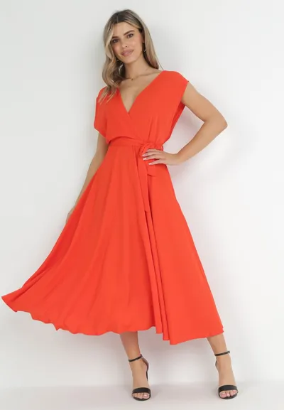 Born2be Pomarańczowa Sukienka Maxi z Materiałowym Paskiem i Kopertowym Dekoltem Istilla