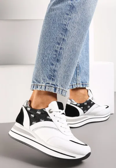 Renee Biało-Czarne Sznurowane Sneakersy z Ekoskóry z Błyszczącymi Wstawkami Fiviara