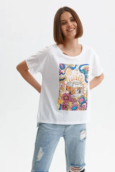 Top Secret Luźny t-shirt damski z kolorowym nadrukiem
