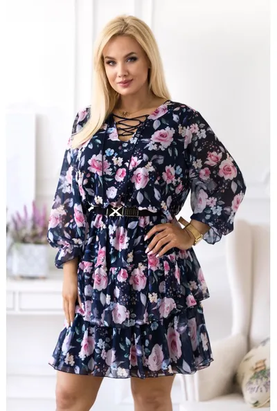 XL-ka Granatowa sukienka w kolorowe kwiaty z falbanami - LITIA