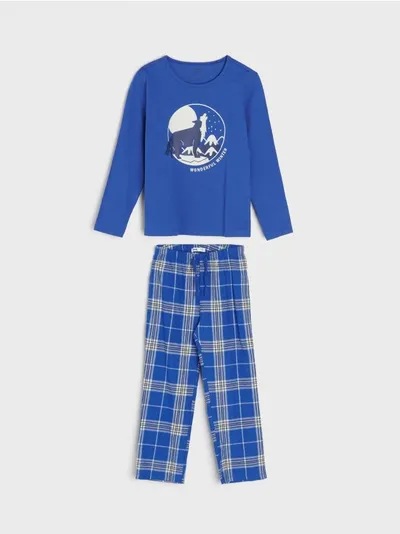 Sinsay Wygodna, bawełniana piżama dwuczęściowa z dzianinową koszulką i flanelowymi spodniami. - niebieski