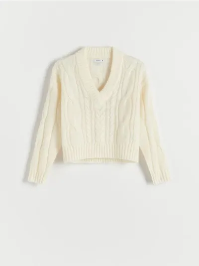 Reserved Sweter z kolekcji PREMIUM, wykonany z dzianiny z wełną. - złamana biel