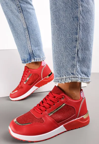 Renee Czerwone Płaskie Sneakersy Sznurowane z Brokatowymi Wstawkami Raflia