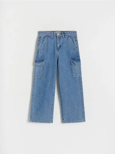 Reserved Jeansy o kroju wide leg, wykonane z bawełnianej tkaniny. - niebieski