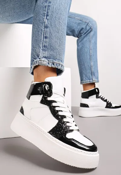 Renee Biało-Czarne Sznurowane Sneakersy za Kostkę z Brokatem i Metalicznymi Wstawkami Sareena