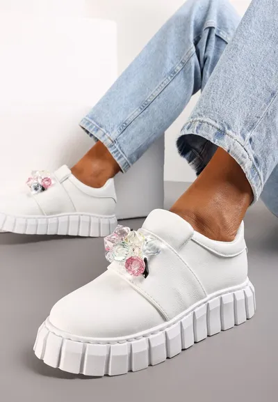 Renee Białe Wsuwane Sneakersy na Platformie z Kryształkami Alexelina
