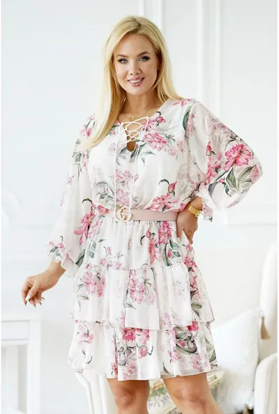 XL-ka Kremowo biała sukienka w różowe kwiaty z falbanami - LITIA