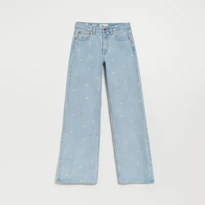 House Niebieskie jeansy wide leg z kwiatowym haftem - Niebieski