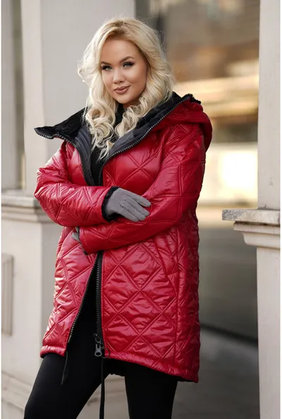 XL-ka Wiśniowa ciepła zimowa pikowana kurtka z misiem - Polin