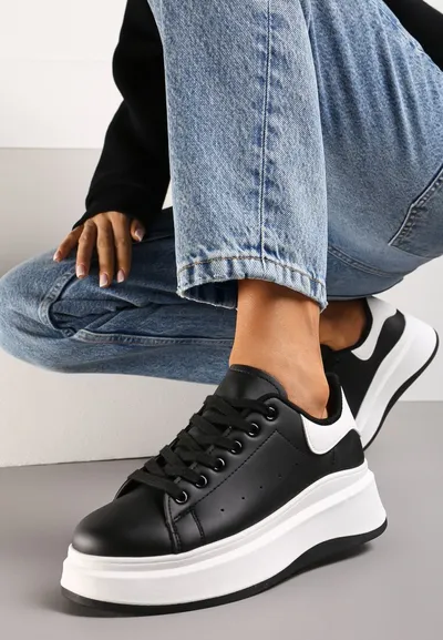 Renee Czarne Sznurowane Sneakersy z Imitacji Skóry na Platformie Filamena