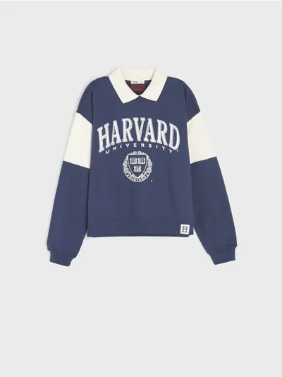Sinsay Wygodna bluza wykonana z bawełnianej dzianiny. Ozdobny nadruk Harvard. - granatowy