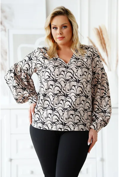 XL-ka Beżowa bluzka z bufiastymi rękawami z czarnym wzorem - Francine