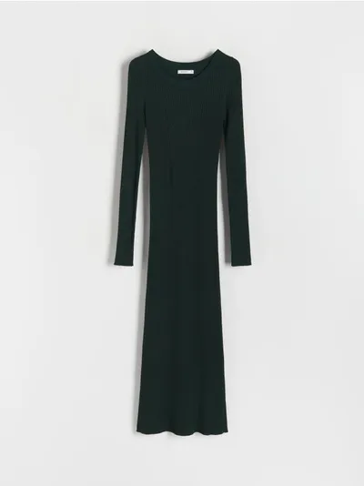 Reserved Sukienka o dopasowanym kroju, wykonana z prążkowanej dzianiny z wiskozą. - ciemnozielony