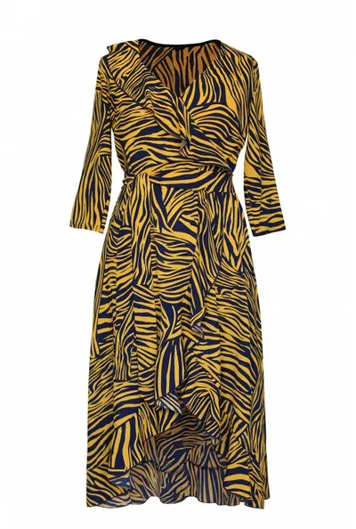 XL-ka Asymetryczna sukienka z falbanką pomarańczowa zebra - LILIANE